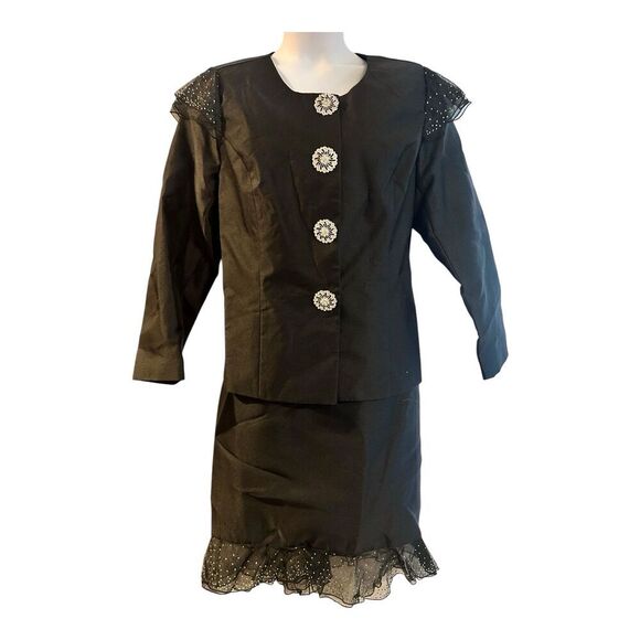 Midnight Velvet Formal Rhinestone Ruffle Skirt Set Elegant Wedding Church Suit - Picture 1 of 14